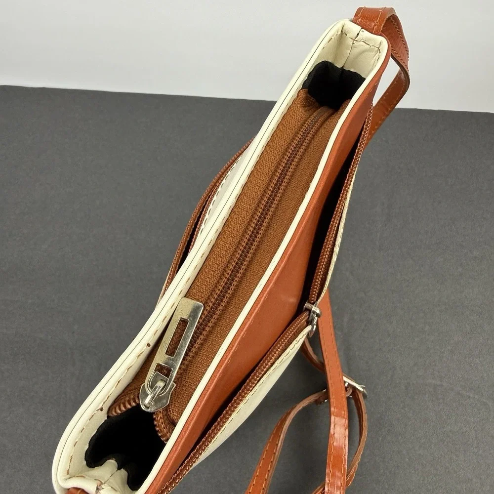 Vera Pelle Crossbody Bag Small Cognac Brown Ivory Leather Italian Made Used Once